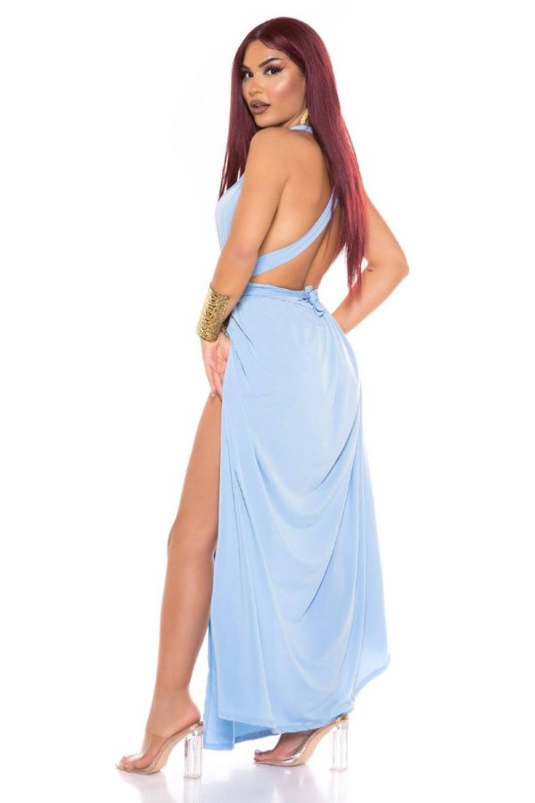 Φόρεμα Μακρύ Σέξι Σκισίματα Χιαστί Πλάτη Baby Blue ISDK21641