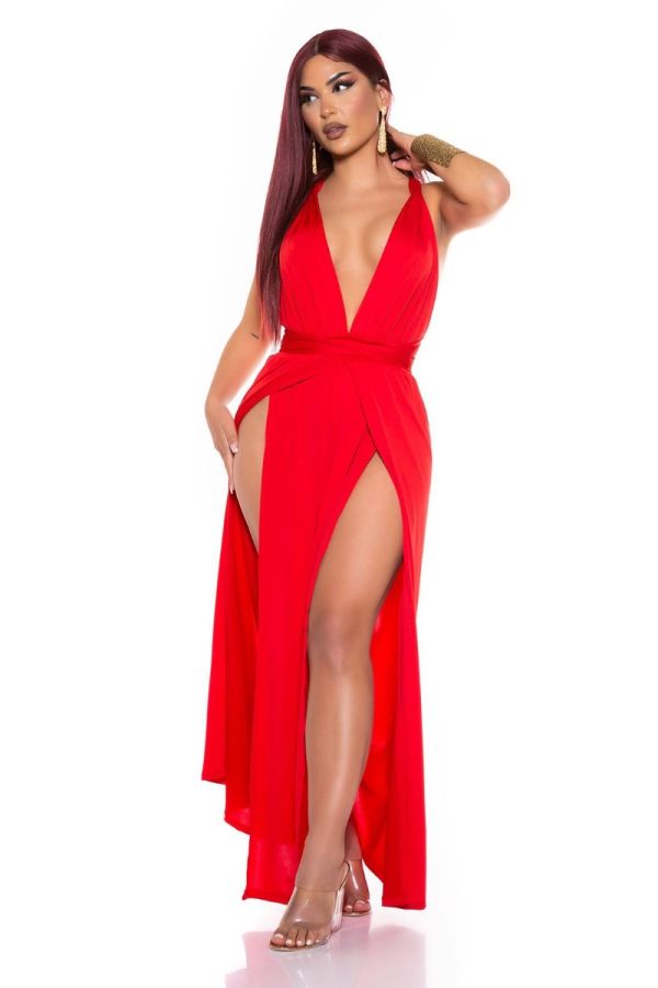 dress long sexy slits crossed back red.