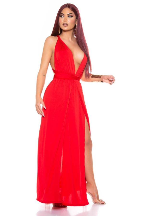 dress long sexy slits crossed back red.