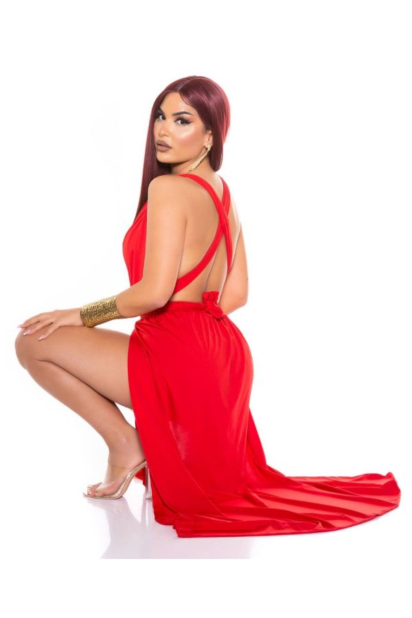 Φόρεμα Μακρύ Σέξι Σκισίματα Χιαστί Πλάτη Κόκκινο ISDK21641