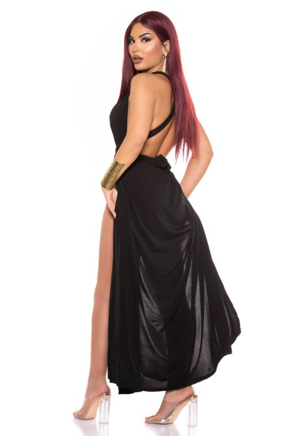 Φόρεμα Μακρύ Σέξι Σκισίματα Χιαστί Πλάτη Μαύρο ISDK21641