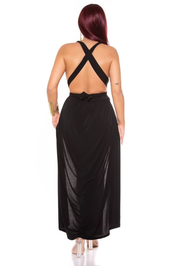 φόρεμα μακρύ σέξι σκισίματα χιαστί πλάτη μαύρο.