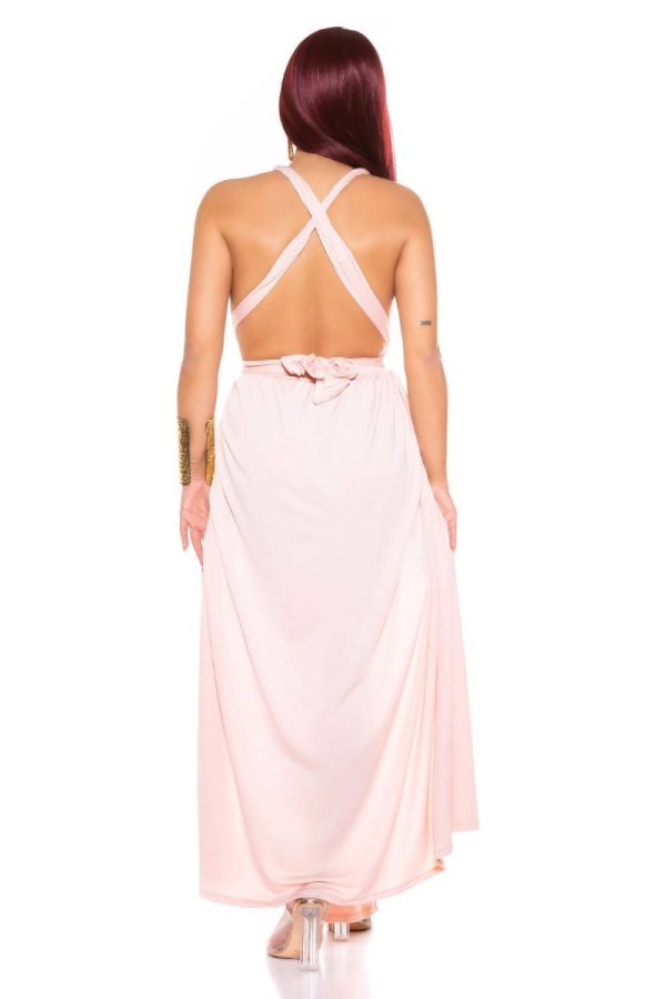 Φόρεμα Μακρύ Σέξι Σκισίματα Χιαστί Πλάτη Ροζ ISDK21641