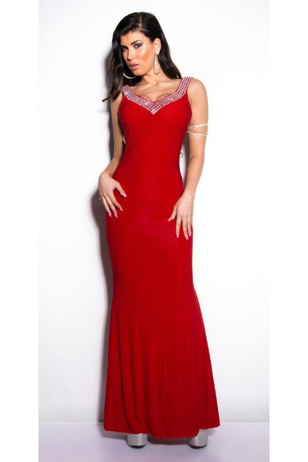 Φόρεμα Μακρύ Βραδινό Πέτρες Στρας Κόκκινο ISDK192194