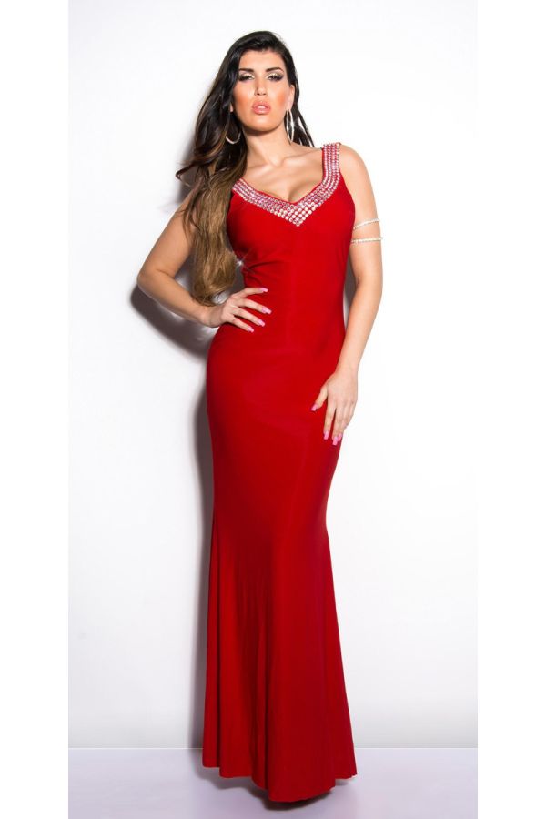 Φόρεμα Μακρύ Βραδινό Πέτρες Στρας Κόκκινο ISDK192194