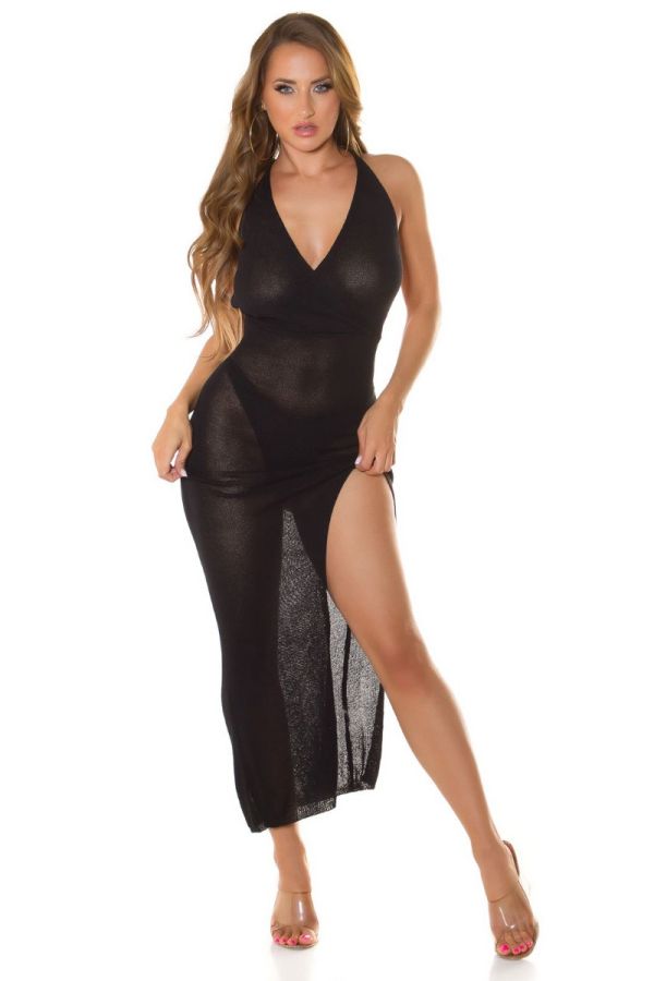 Φόρεμα Μακρύ Διάφανο Λουριά Σκίσιμο Μαύρο ISDK59913