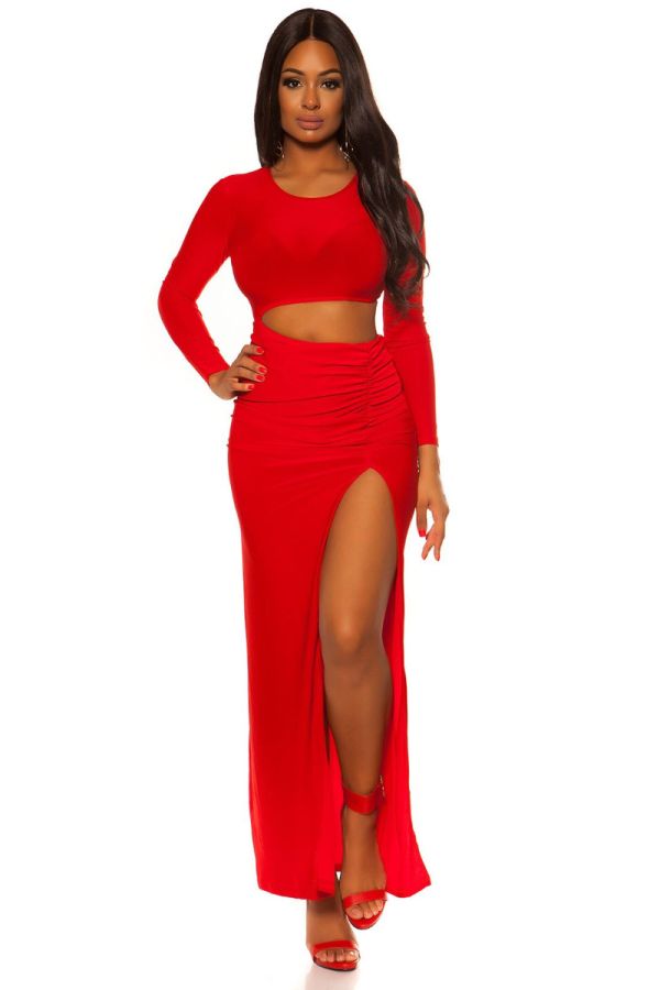 DRESS MAXI SEXY SLIT CUTOUTS RED ISDD20135