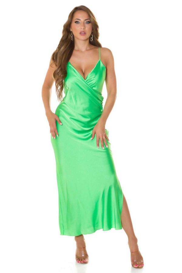 Φόρεμα Μακρύ Μάξι Σκίσιμο Σατέν Πράσινο