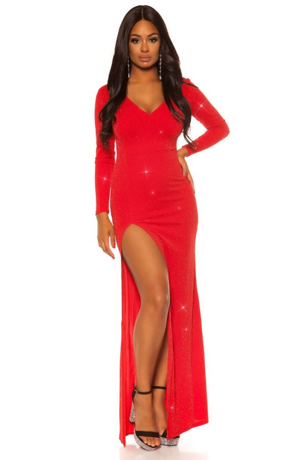 Φόρεμα Βραδινό Μακρύ Σέξι Σκίσιμο Γκλιτερ Κόκκινο ISDD20195