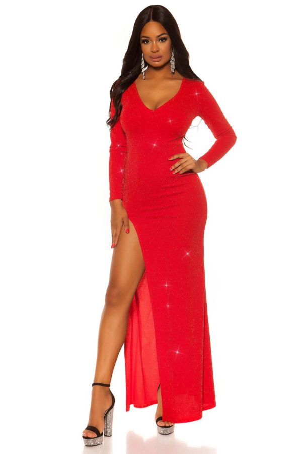 Φόρεμα Βραδινό Μακρύ Σέξι Σκίσιμο Γκλιτερ Κόκκινο ISDD20195