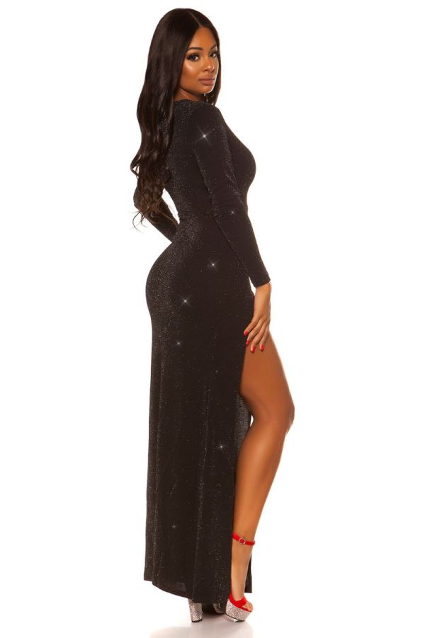 φόρεμα βραδινό μακρύ σέξι σκίσιμο γκλίτερ μαύρο.