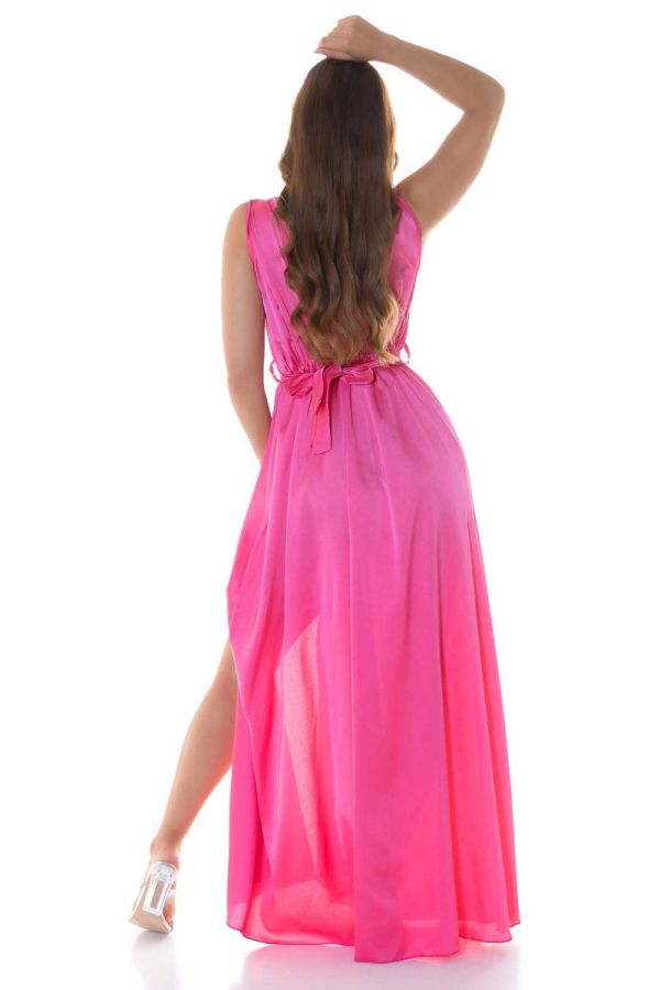 Φόρεμα Μακρύ Βραδινό Σκίσιμο Σατέν Ροζ