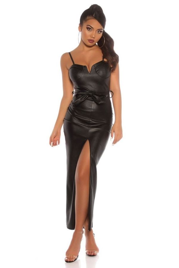 Φόρεμα Μακρύ Σέξι Δερματίνη Μαύρο ISDK96062