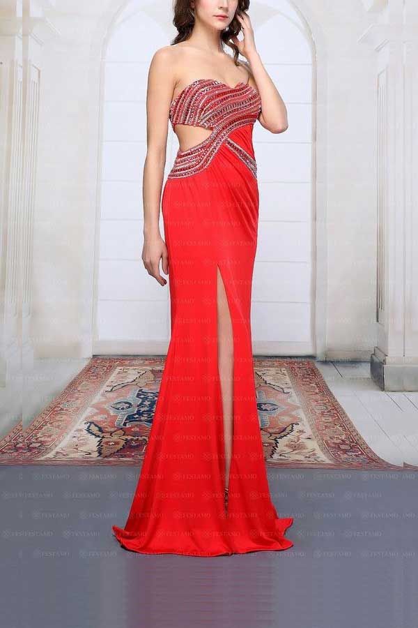 Dress Red Carpet Formal Long Rhinestones Red