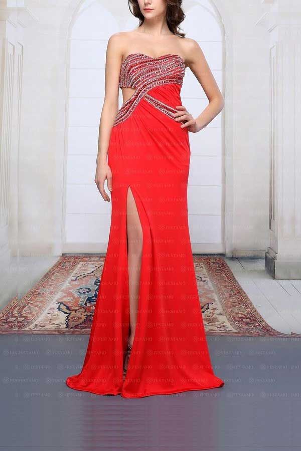 Dress Red Carpet Formal Long Rhinestones Red