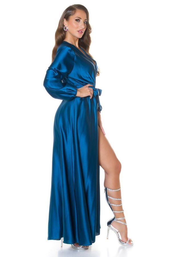 φόρεμα μάξι κρουαζέ βραδινό σατέν μπλε.