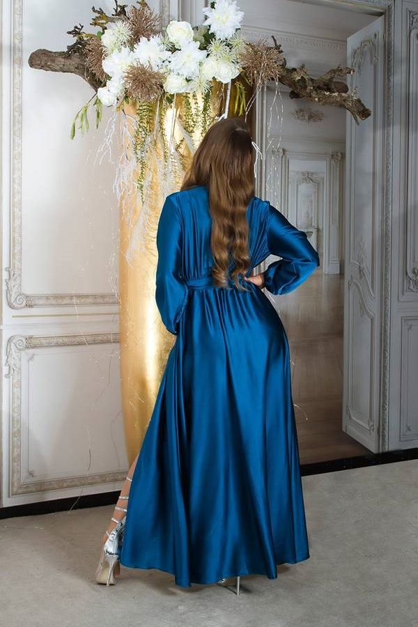 φόρεμα μάξι κρουαζέ βραδινό σατέν μπλε.