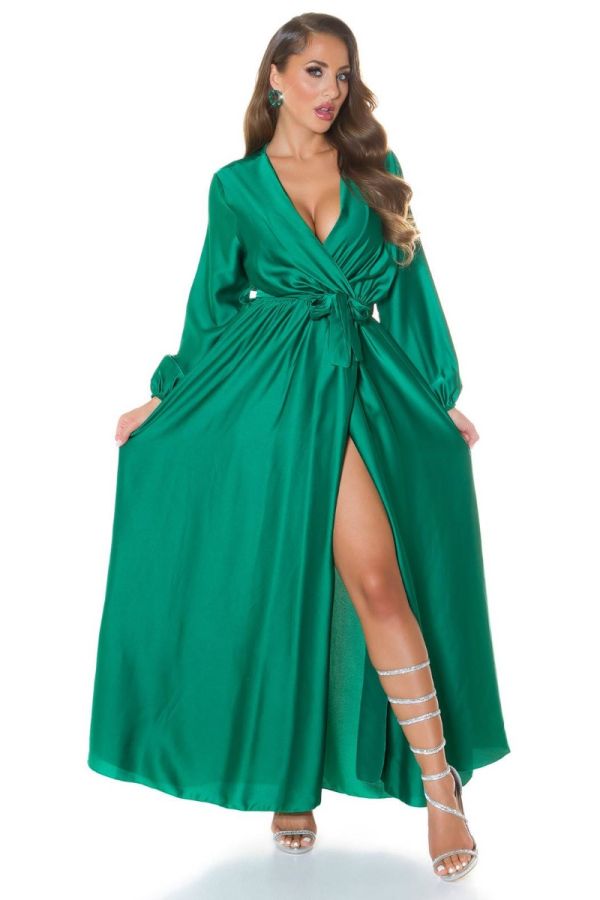 μάξι φόρεμα κρουαζέ βραδινό σατέν μεσαίο πράσινο.