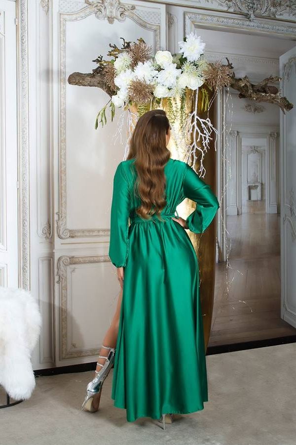 μάξι φόρεμα κρουαζέ βραδινό σατέν μεσαίο πράσινο.