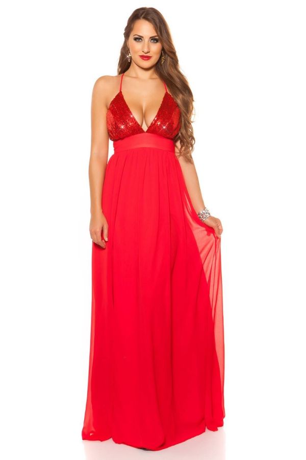 Dress Maxi Evening Sleeveless Sequins Red ISDK197541