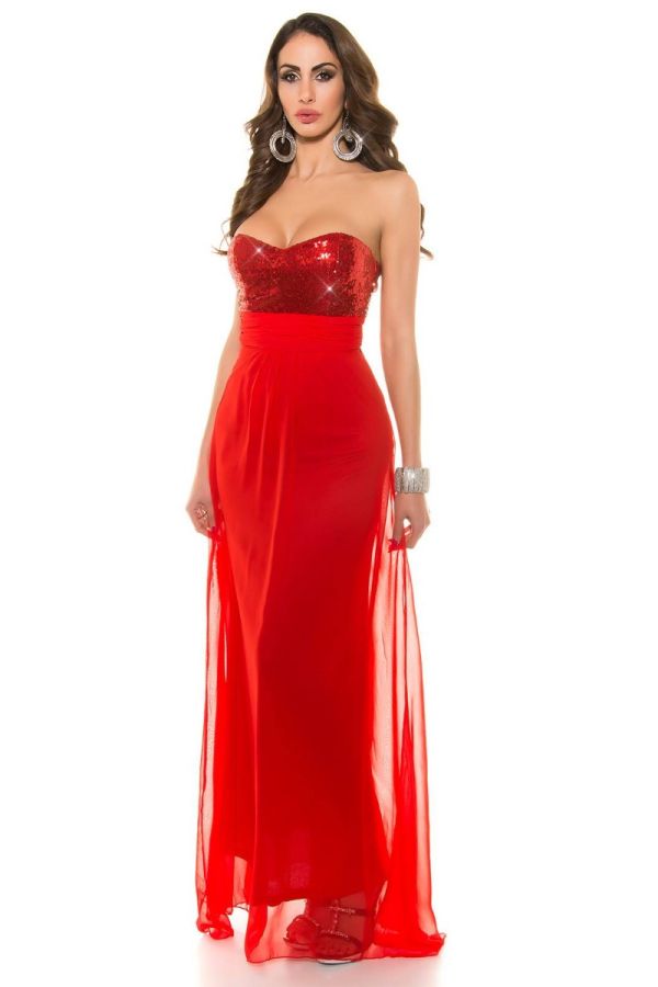 φόρεμα μάξι βραδινό στράπλες παγιέτες κόκκινο.