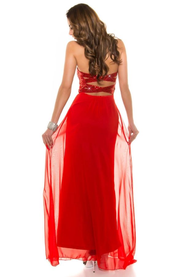 Φόρεμα Μάξι Βραδινό Στράπλες Παγιέτες Κόκκινο ISDN505908