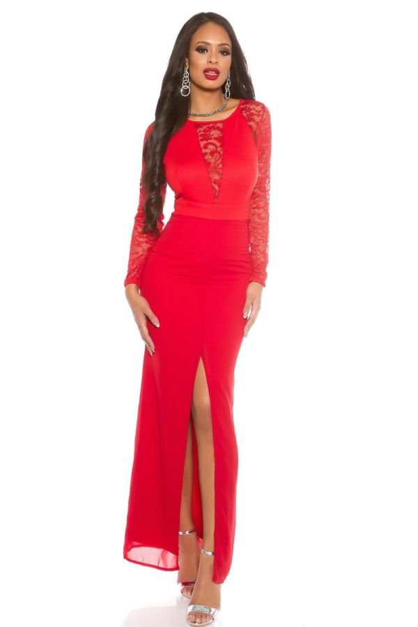 Φόρεμα Μάξι Επίσημο Μακριά Μανίκια Δαντέλα Κόκκινο ISDD189942