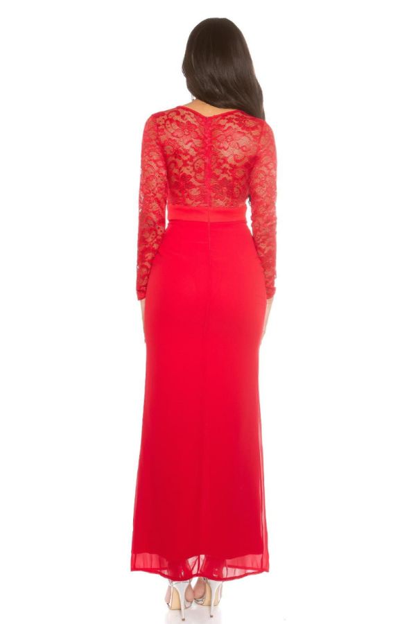 Φόρεμα Μάξι Επίσημο Μακριά Μανίκια Δαντέλα Κόκκινο ISDD189942