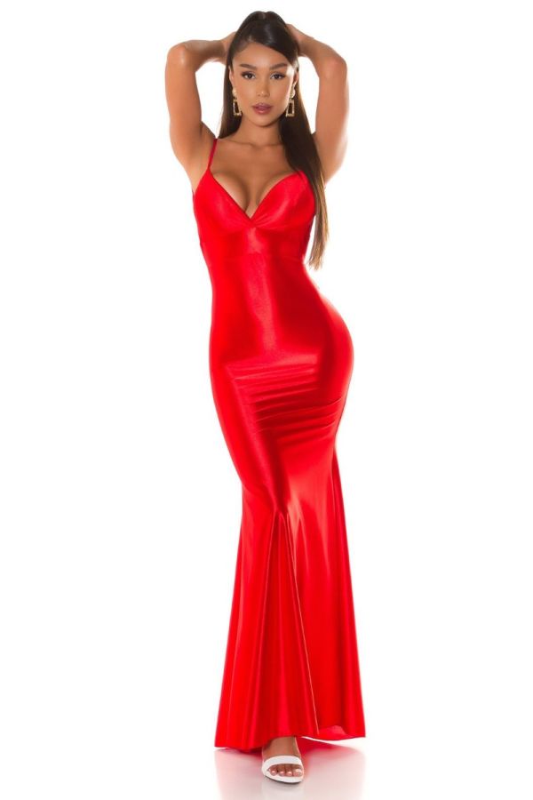 Φόρεμα Μάξι Σέξι Βραδινό Σατέν Κόκκινο