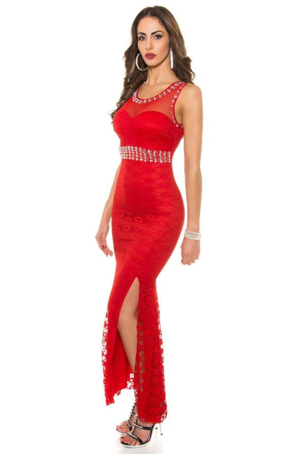 Φόρεμα Μάξι Βραδινό Δαντέλα Πέτρες Κόκκινο ISDK913516