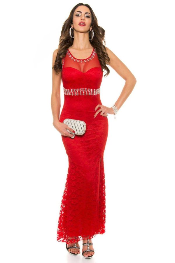 Φόρεμα Μάξι Βραδινό Δαντέλα Πέτρες Κόκκινο ISDK913516