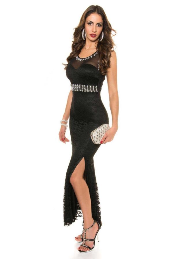 Dress Maxi Evening Lace Rhinestones Black ISDK913516