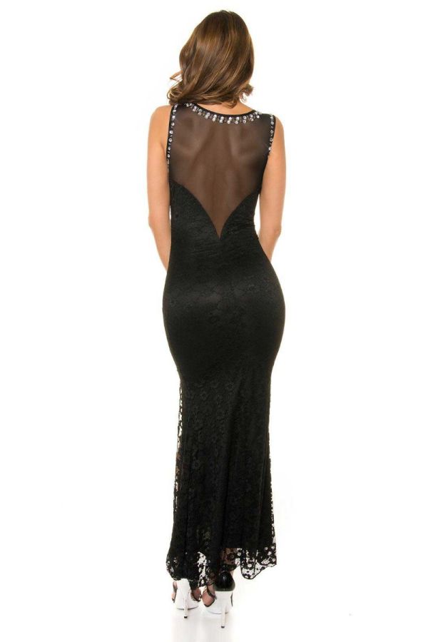 Dress Maxi Evening Lace Rhinestones Black ISDK913516
