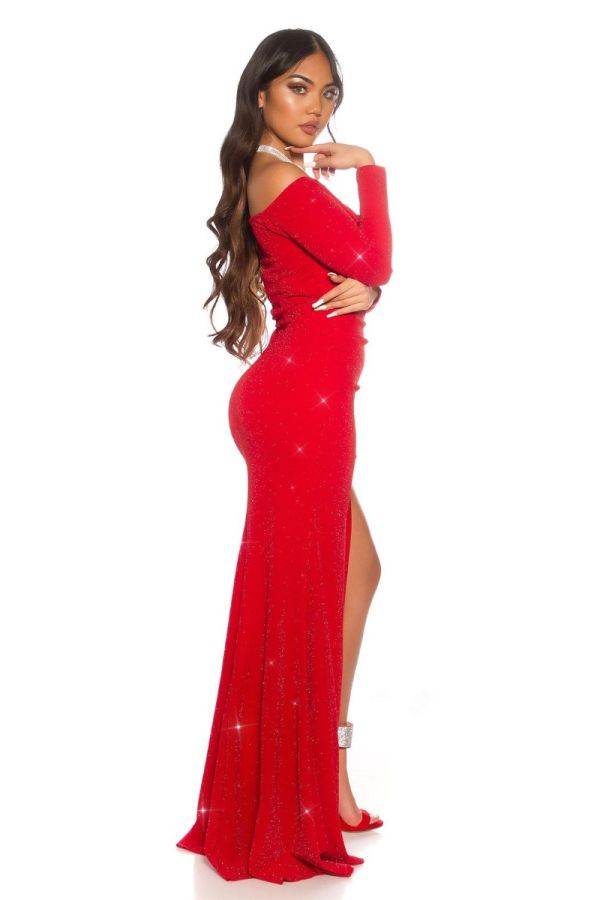 Φόρεμα Μακρύ Επίσημο Σκίσιμο Glitter Κόκκινο ISDK202551