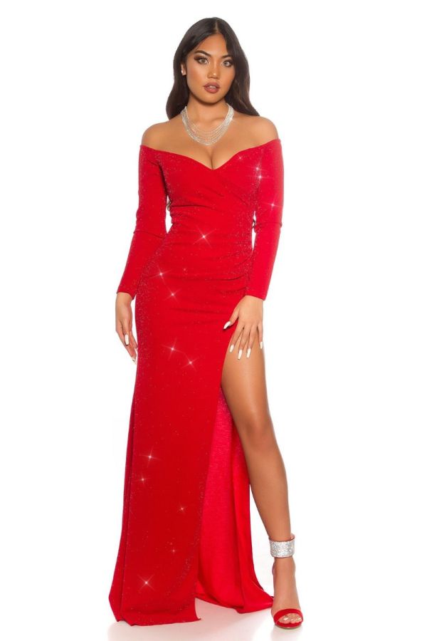Φόρεμα Μακρύ Επίσημο Σκίσιμο Glitter Κόκκινο ISDK202551