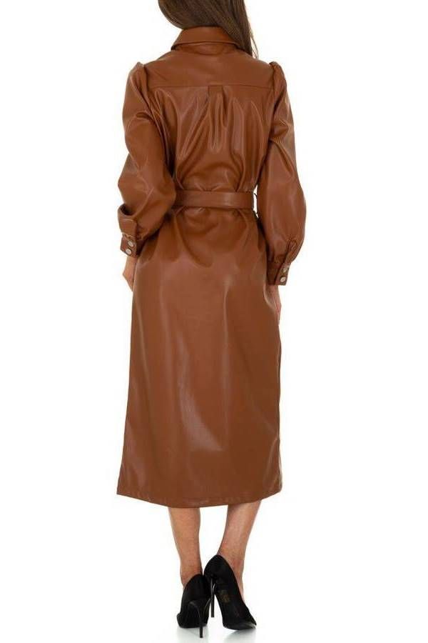 Φόρεμα Midi Γιακάς Κουμπιά Δερματίνη Camel FSWB13555