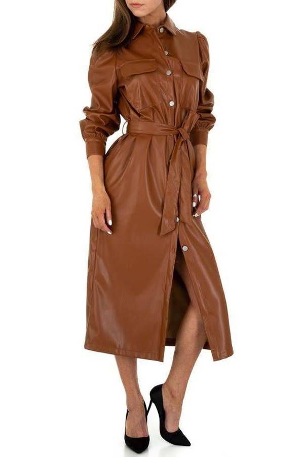 Dress Midi Lapel Buttons Leatherette Camel FSWB13555