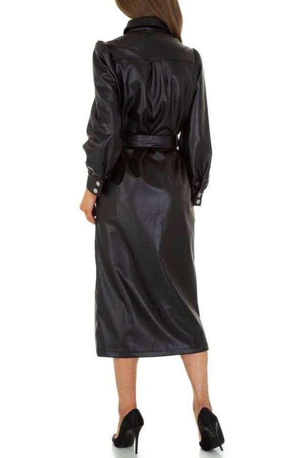 Dress Midi Lapel Buttons Leatherette Black FSWB13555