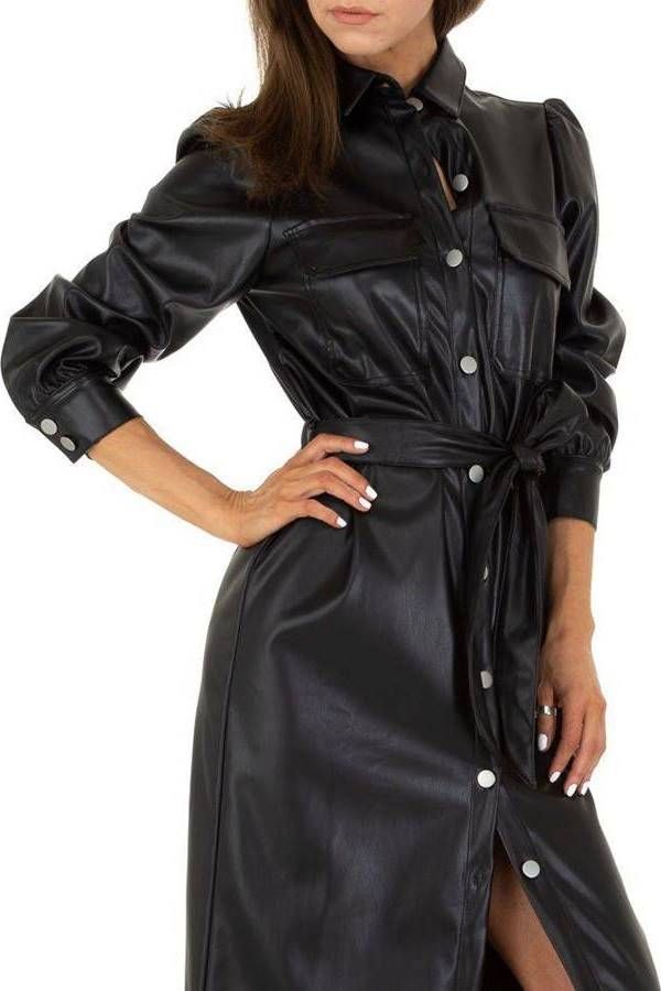 dress midi lapel buttons leatherette black.