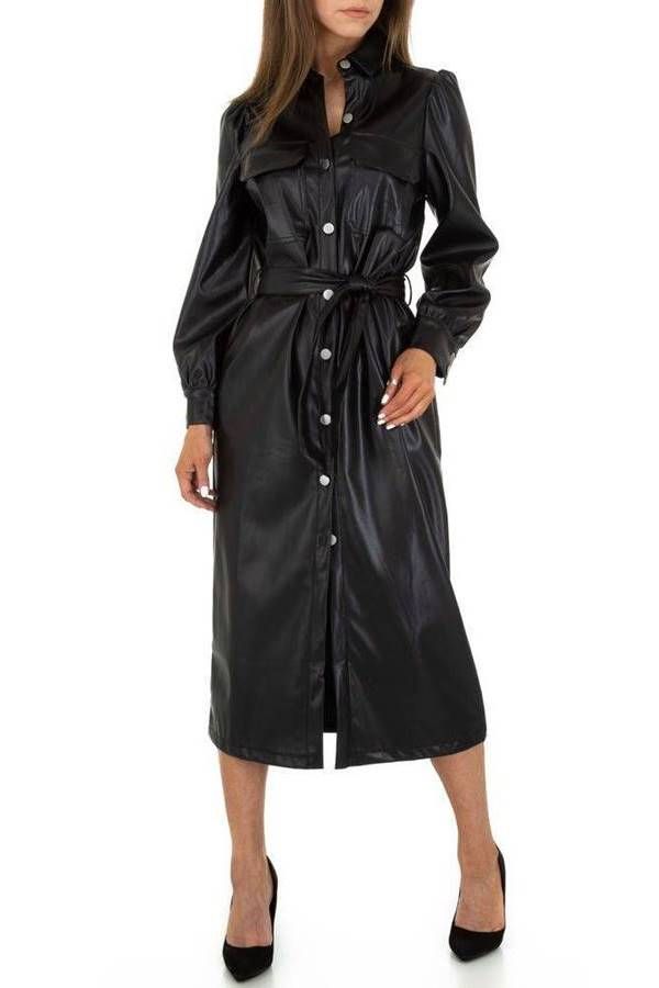 Dress Midi Lapel Buttons Leatherette Black FSWB13555