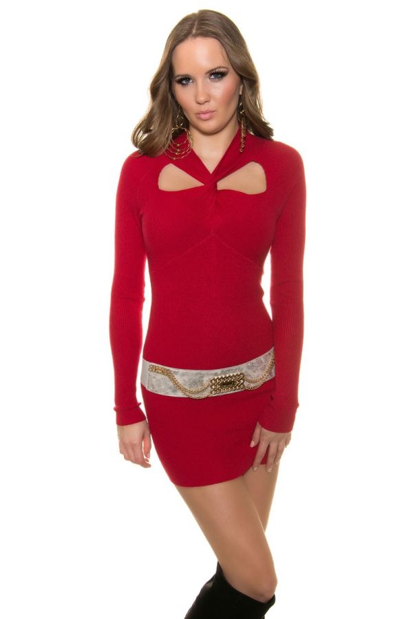 DRESS KNITTED LONG SLEEVES CUTOUTS RED ISDN15169