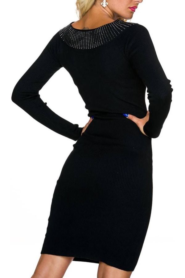 Φόρεμα Πλεκτό Λαιμόκοψη Στρας Μαύρο TQ1624634