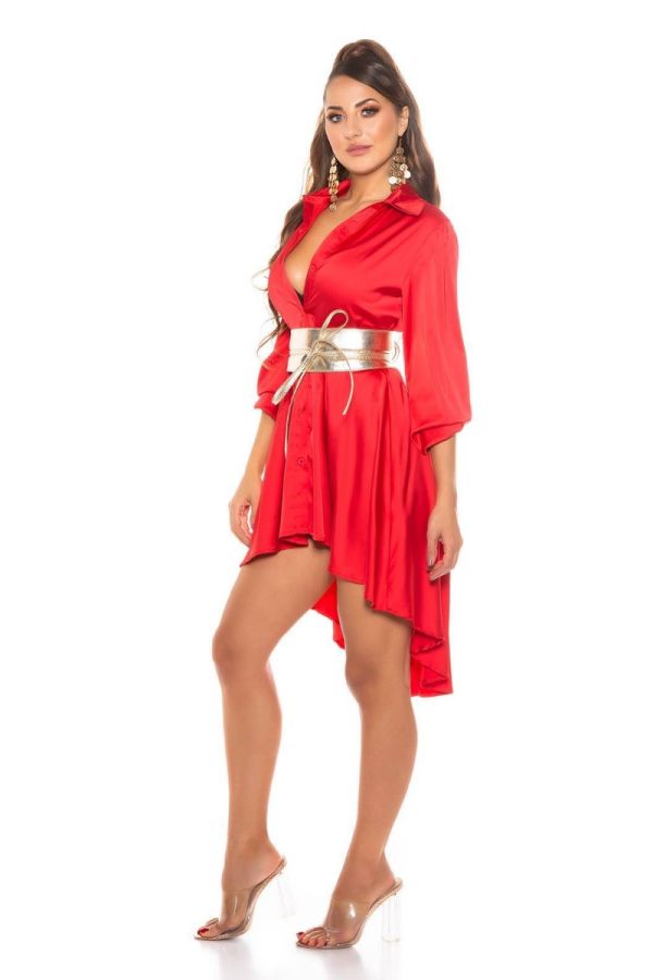 Φόρεμα Πουκαμίσα Κουμπιά Γιακάς Σατέν Κόκκινο ISDK96345