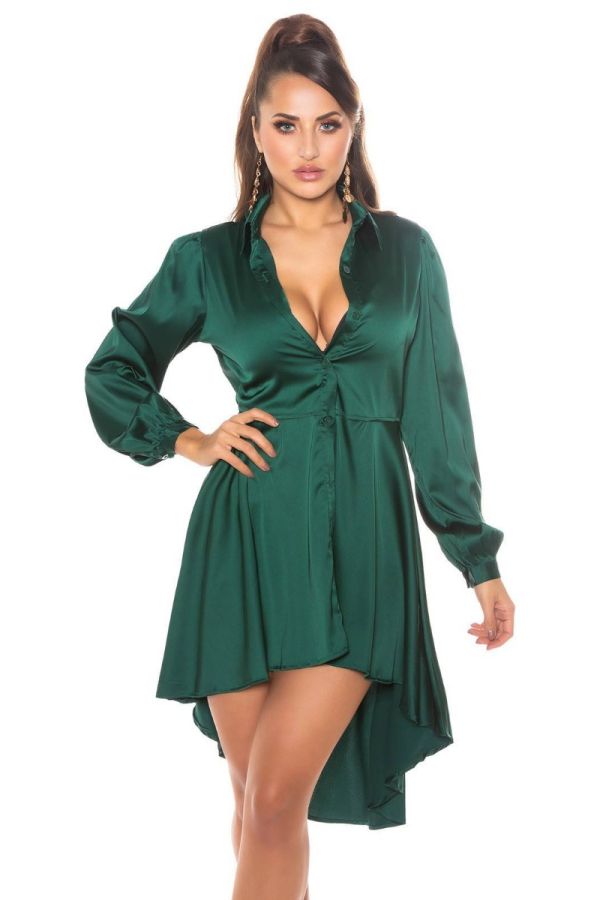 φόρεμα πουκαμίσα κουμπιά γιακάς σατέν πράσινο.