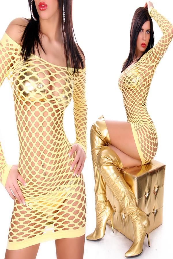 φόρεμα μίνι σέξι διχτυωτό κίτρινο.