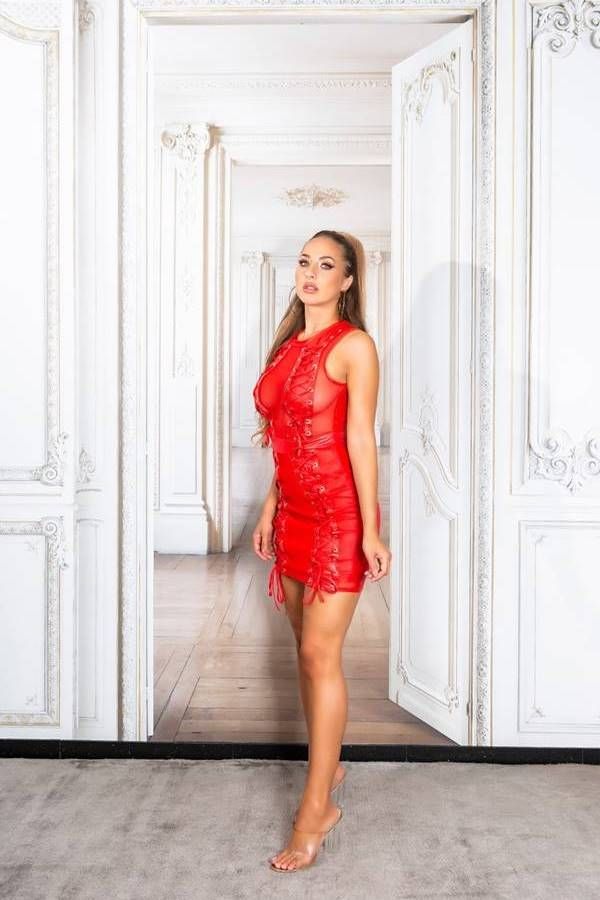 φόρεμα σέξι μίνι διαφάνεια δερματίνη κόκκινο.
