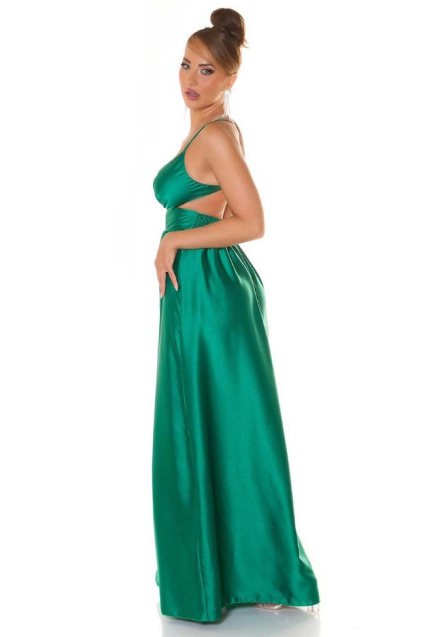 Φόρεμα Βραδινό Μακρύ Σκίσιμο Εγκοπές Σατέν Σκούρο Πράσινο