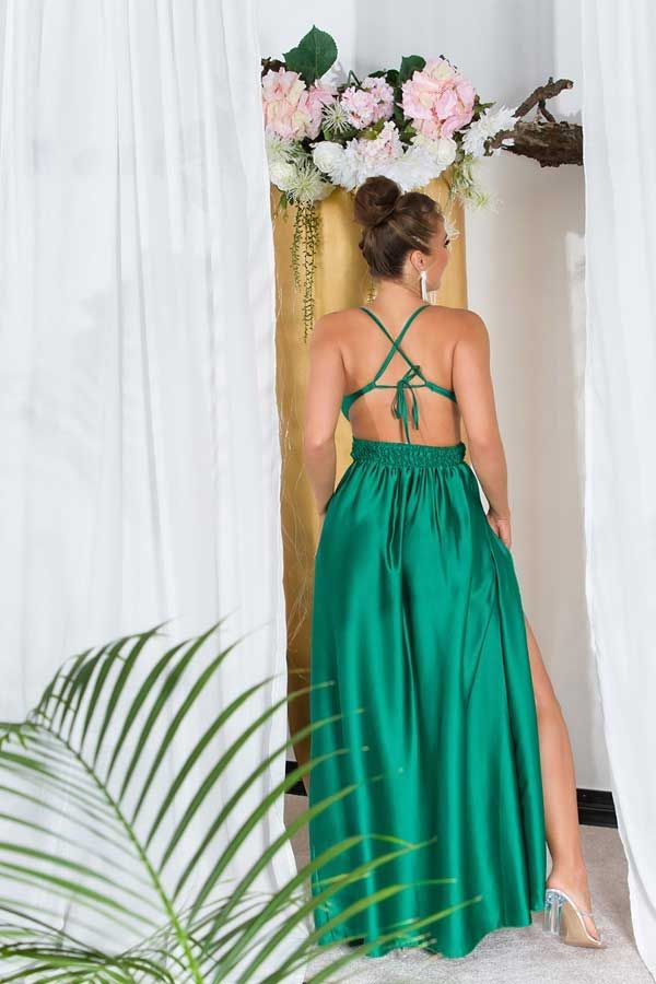 Φόρεμα Βραδινό Μακρύ Σκίσιμο Εγκοπές Σατέν Σκούρο Πράσινο