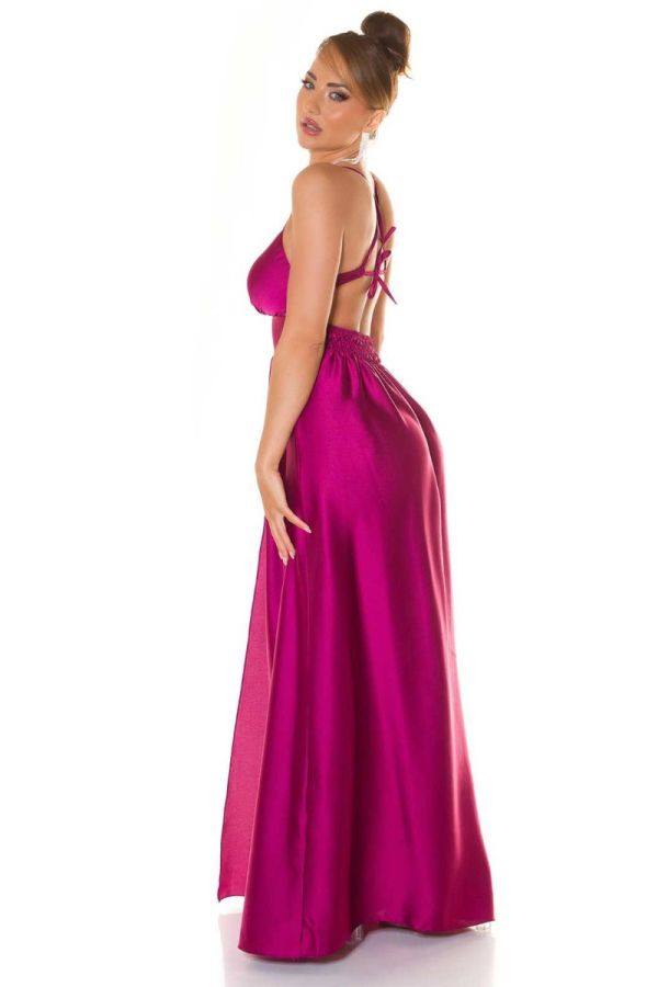 Φόρεμα Βραδινό Μακρύ Σκίσιμο Εγκοπές Σατέν Σκούρο Ροζ