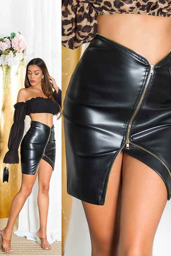Skirt Leatherette Zip Sexy Black